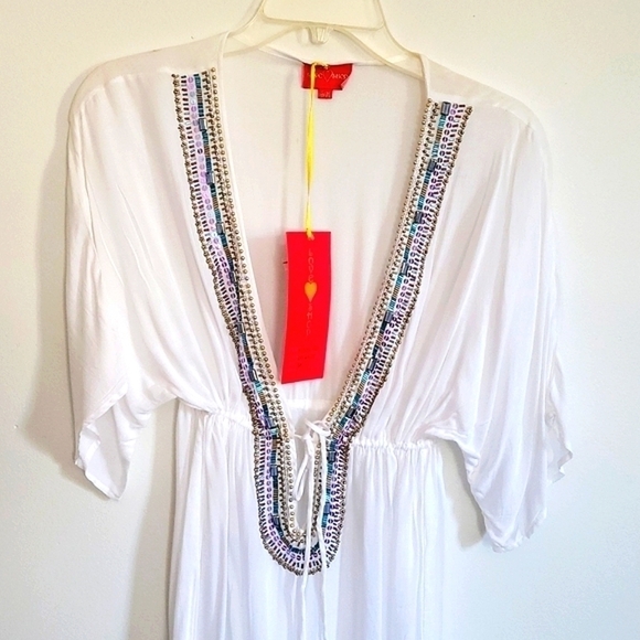 Love Shop Caftan White Rayon Beaded Maxi Dress Swim Cover Sheer Maxi Sienna